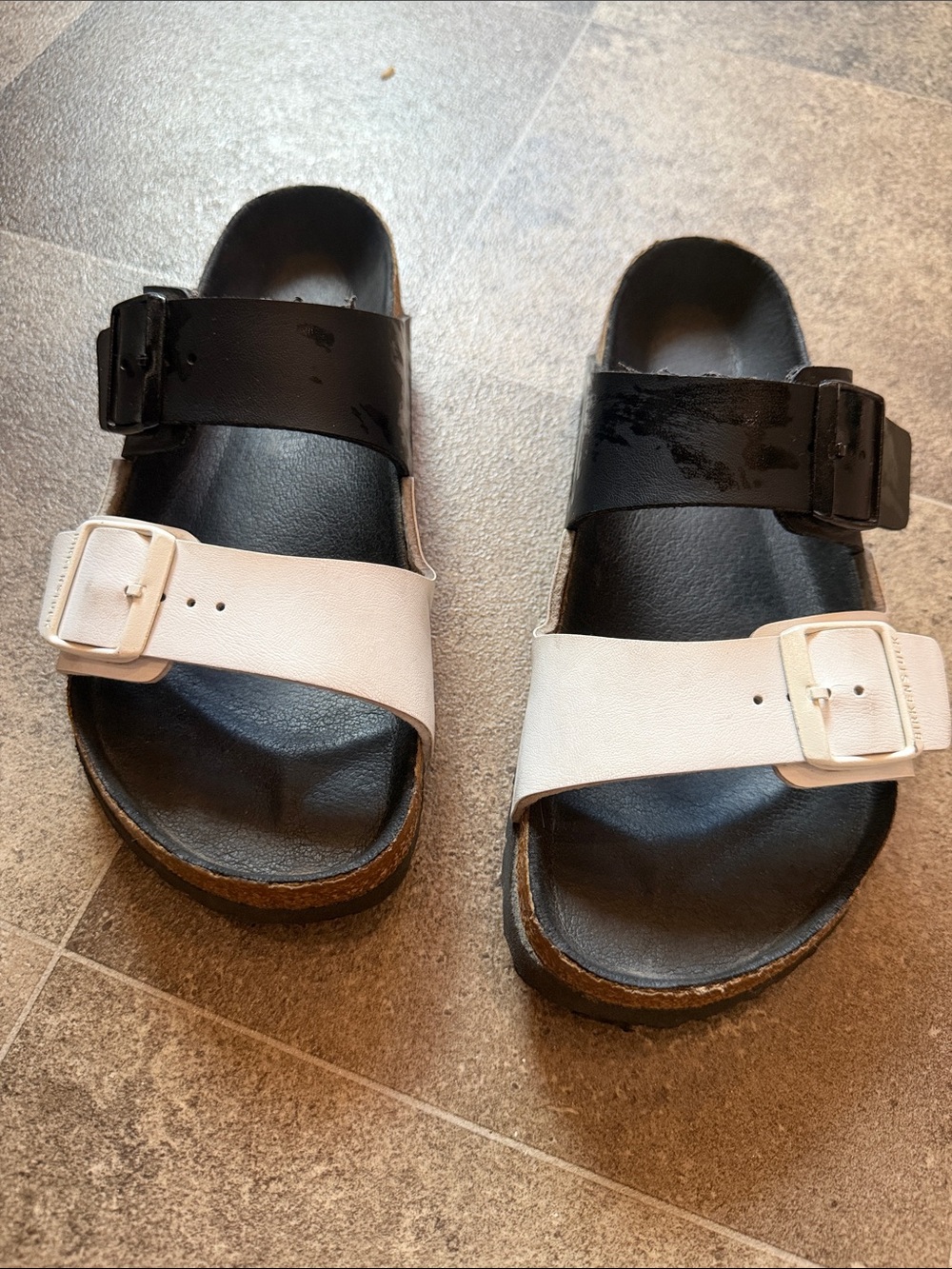 Birkenstock Black and White Two-Strap Slide Sandals